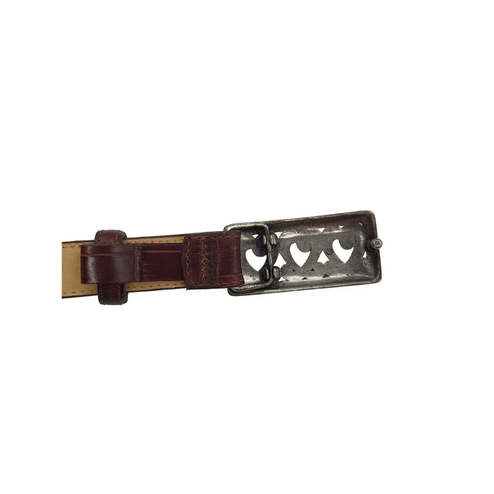 VTG Brighton Brown Leather Belt Silver Heart Buckle Croc Embossed Small‎ 28